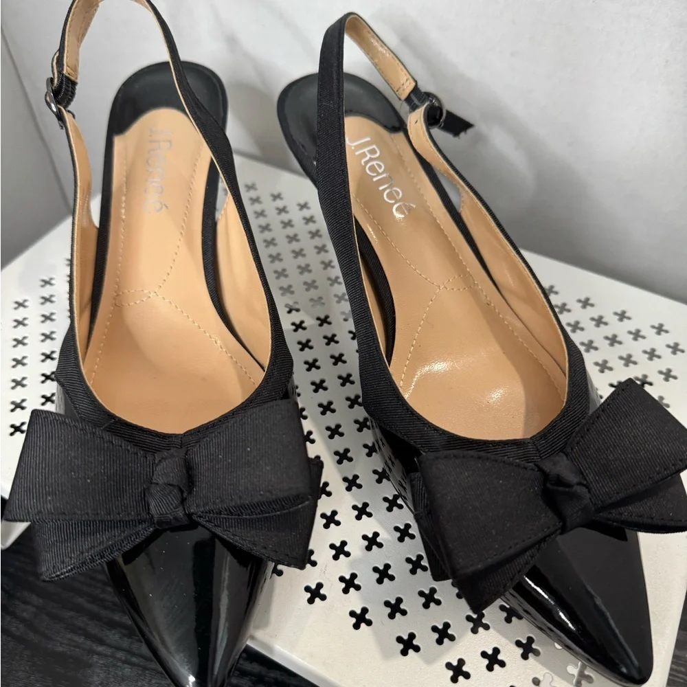 J.Renee Black Patent Bow Slingback Heels Size 8 Medium Comfort 2.5 Inch Heels - Picture 1 of 7